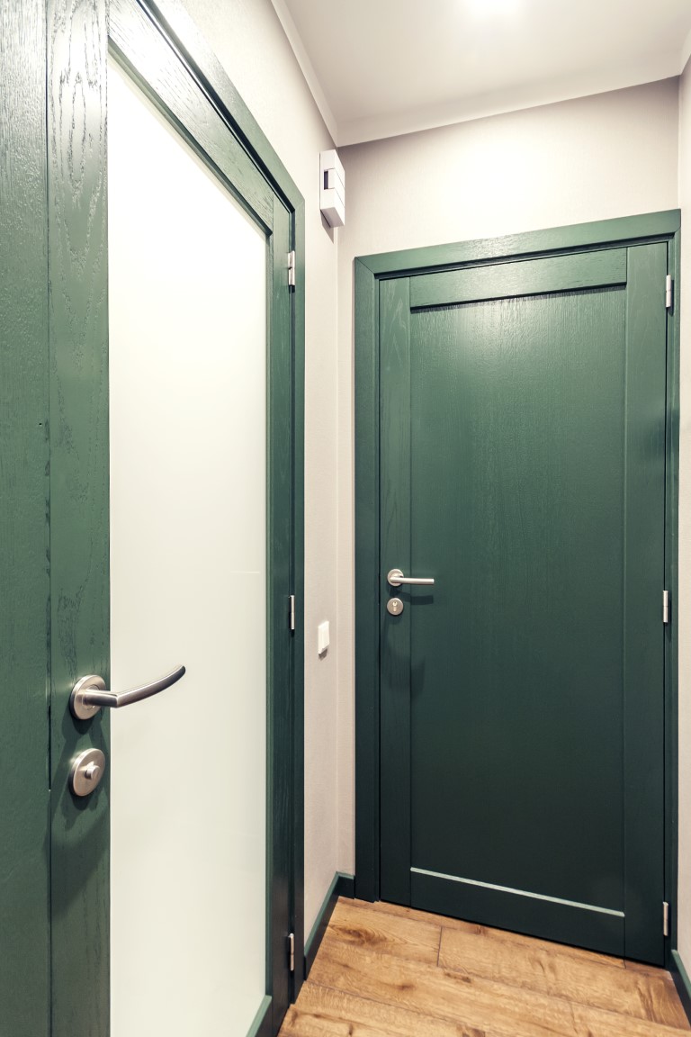 Medinės masyvo durys: modeliai D1F ir D1S, spalva S7010-G10Y. Grindys: 3481 Riešutas.