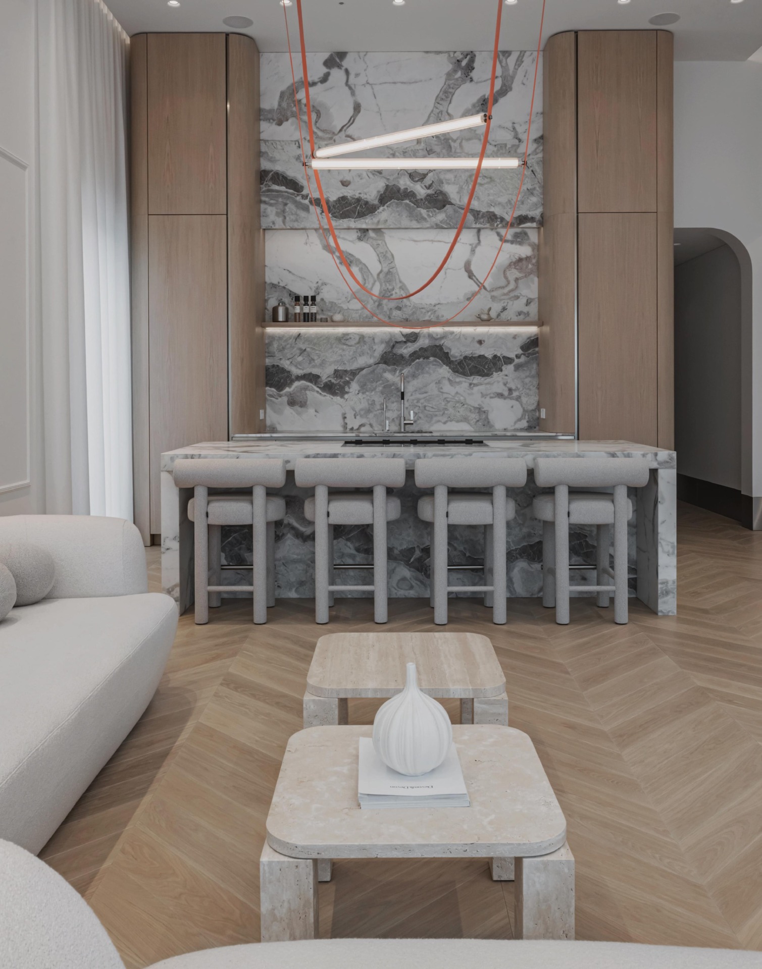 Santūri dinamika: Chevron ąžuolinis parketas subtiliame, minimalistiniame interjere